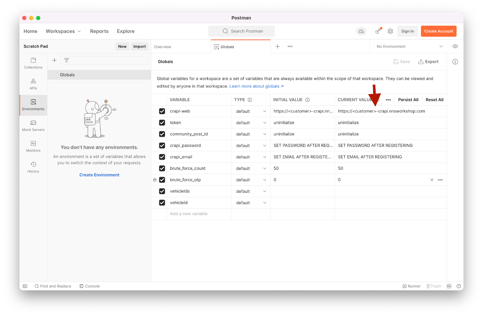Screenshot of postman setting for crAPI url